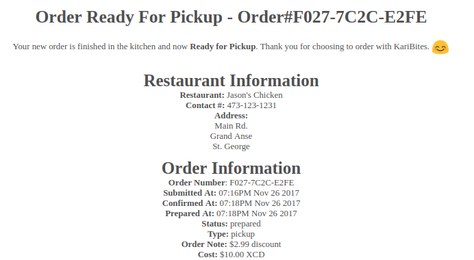 Pick Up Ready Email from KariBites